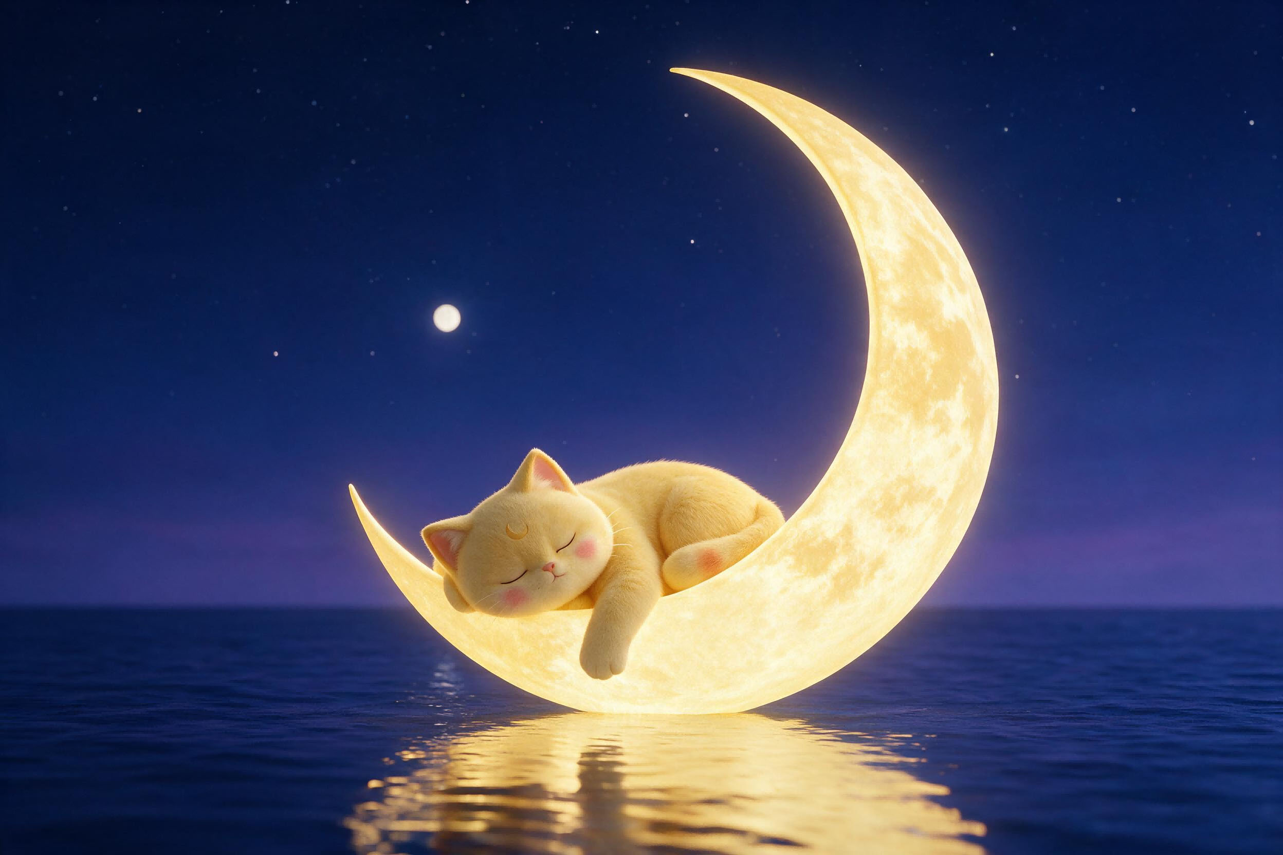 月亮猫 MOONCAT 场景插画，云端月光小镇的治愈系画面